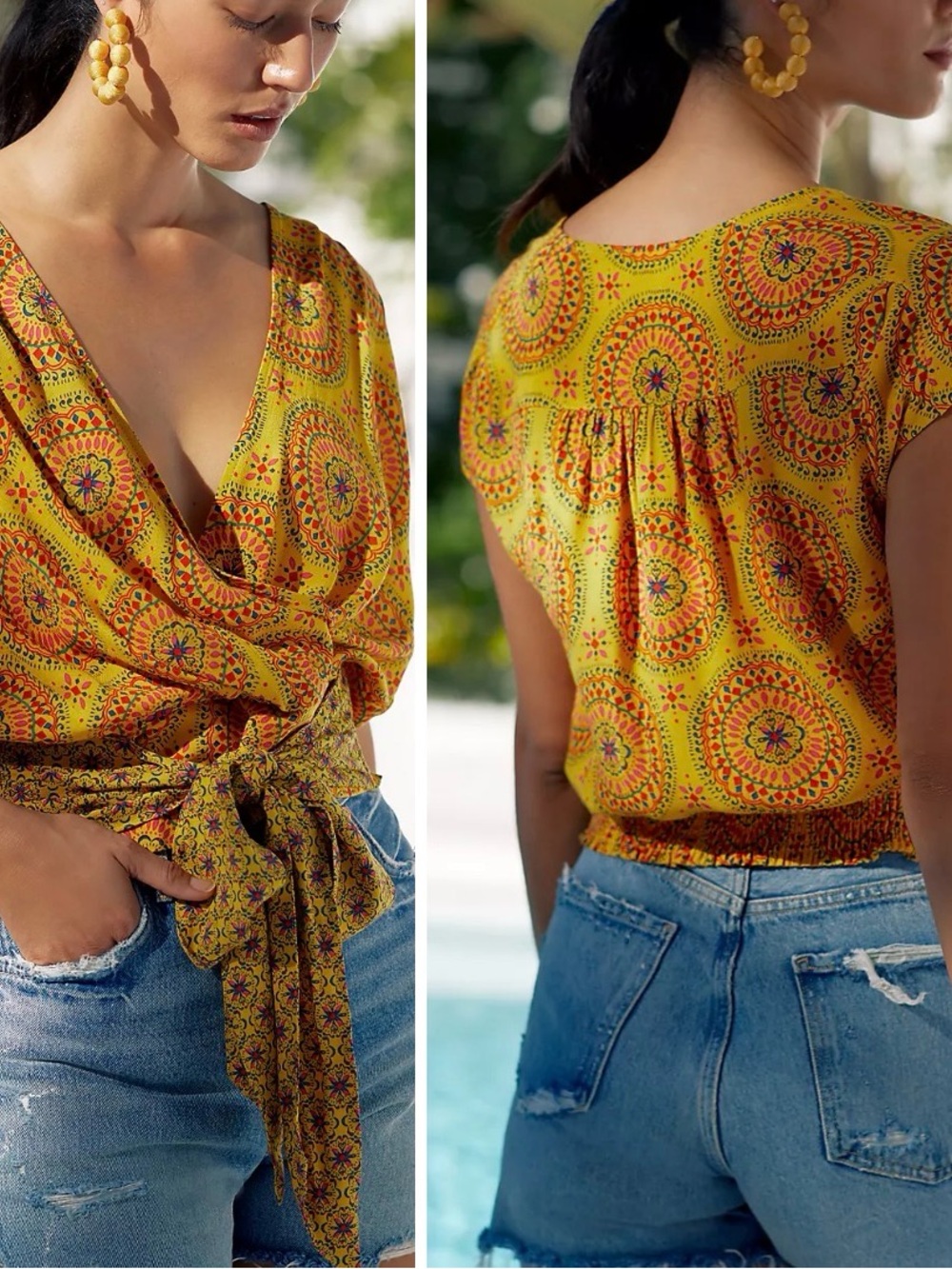 Anthropologie Maeve Yellow Multicolor Boho Wrap Tie Resortwear V-Neck Blouse Top